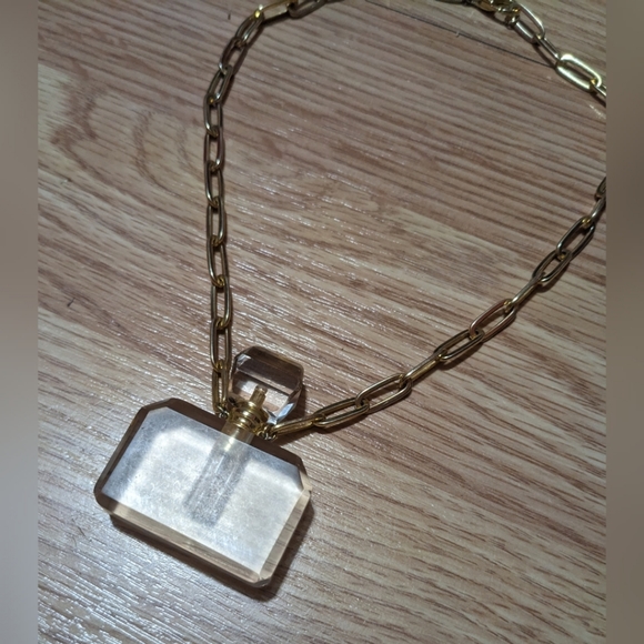 FINAL PRICE Clear Perfume Bottle Charm Necklace Goldtone Chain Fashion Designer - Picture 2 of 2